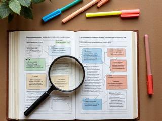Open textbook with a magnifying glass over a diagram of educational concepts.